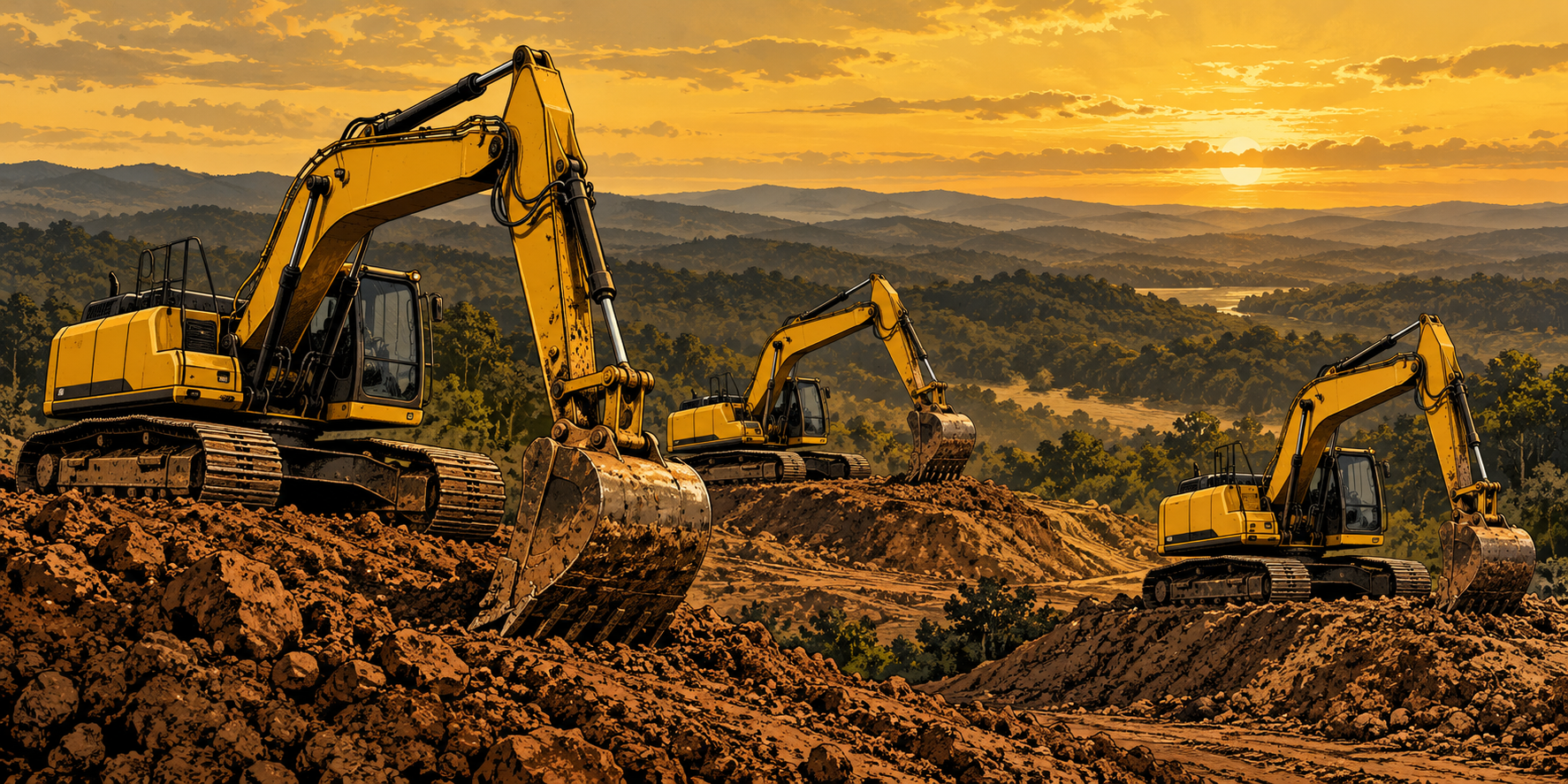 Black-and-gold illustration of three track hoes on dirt mounds, with rolling Tennessee hills behind them.